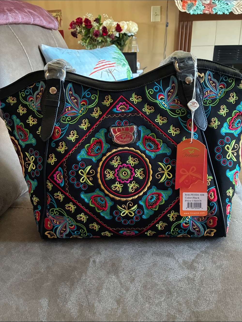 Black Embroidered Tote Bag with Multicolor Floral Medallion